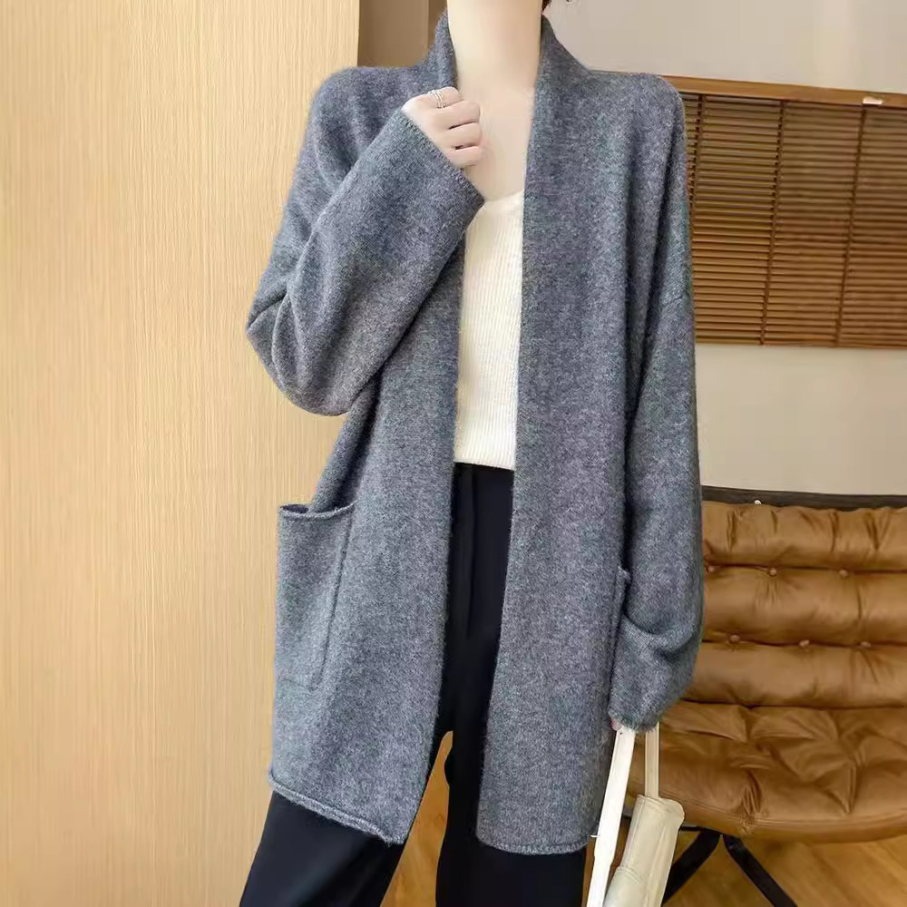(2개) [공장 도매] 가을을위한 새로운 양모 카디건 여성 느슨한 게으른 중간 길이의 코트 목도리 니트 스웨터