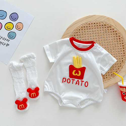 Baby summer clothes thin short-sleeved newborn one-piece bodysuit for men and women baby crawling clothes cute French fries khaki