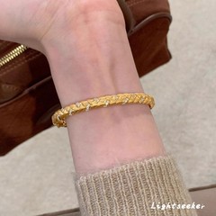 中古金色拉丝麦穗编织手镯复古vintage布契风点钻手饰女