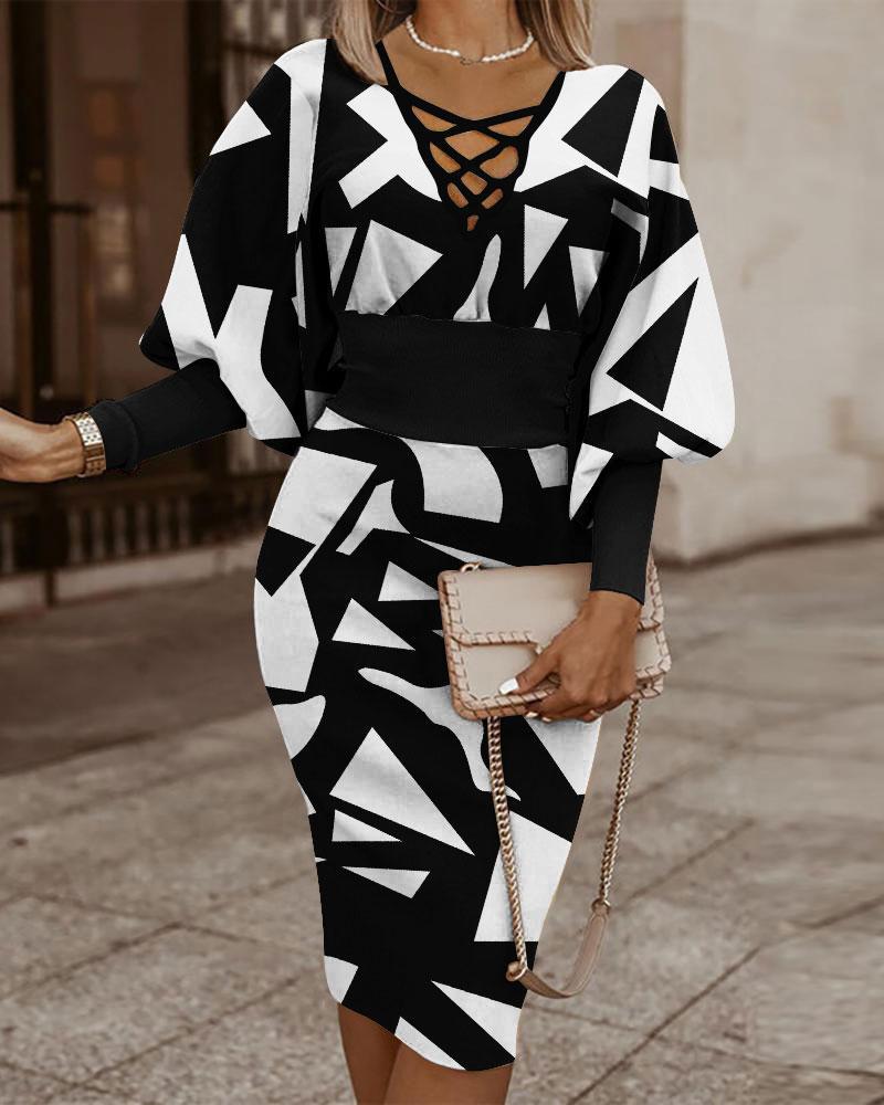 Women's Sheath Dress Casual V Neck Printing Long Sleeve Argyle Midi Dress Daily display picture 5