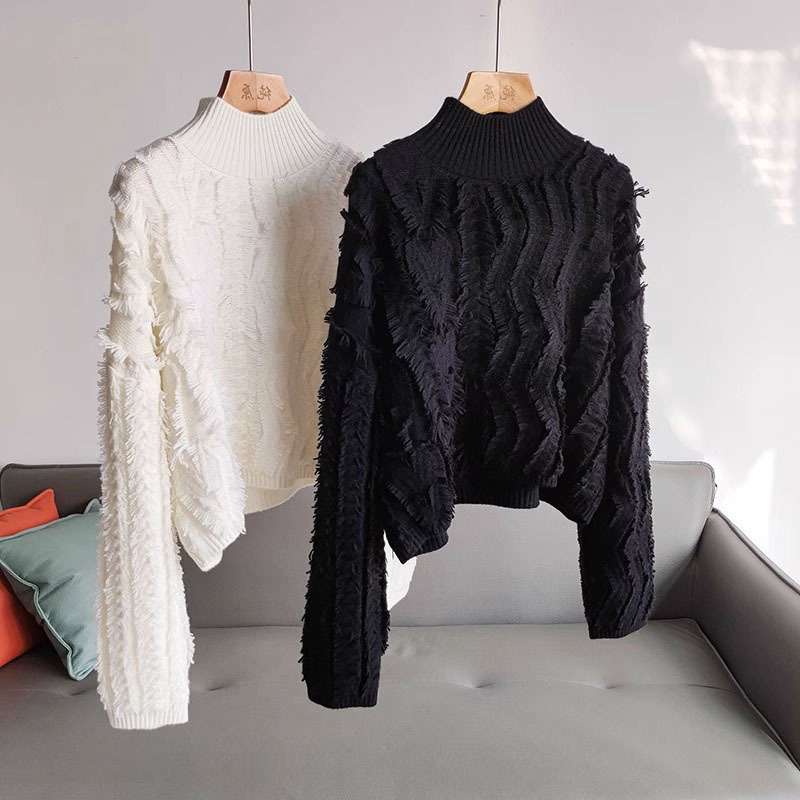 High-End Brand Surplus Export Tassel 100% Cashmere Versatile Slim-Fit Long-Sleeve Knit Sweater Top for Women