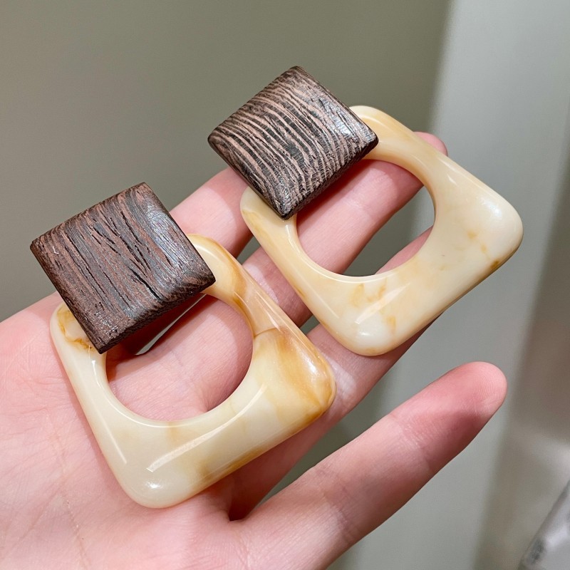 法式度假复古港风方形晕染树脂几何耳环高级感木头极简气质耳饰女|undefined