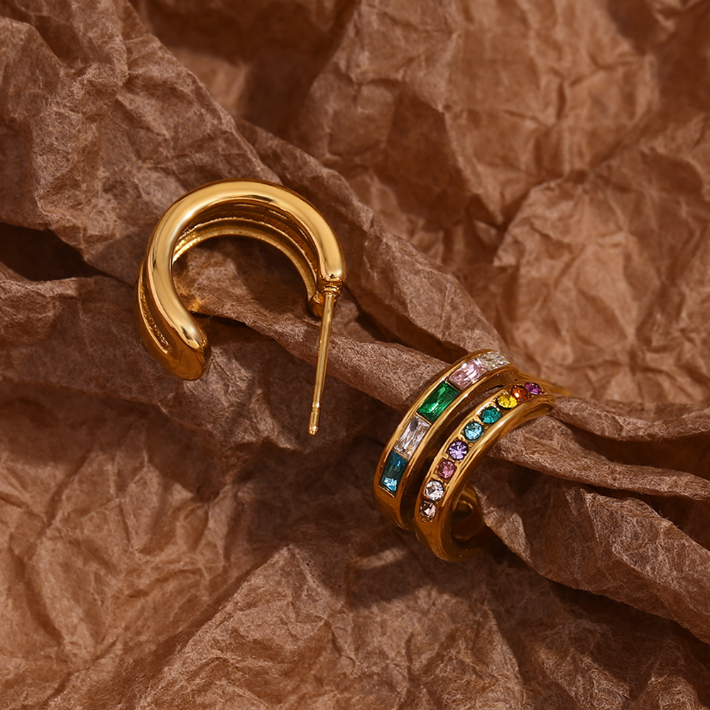 Double C-shaped Zircon Inlaid Stainless Steel Earrings