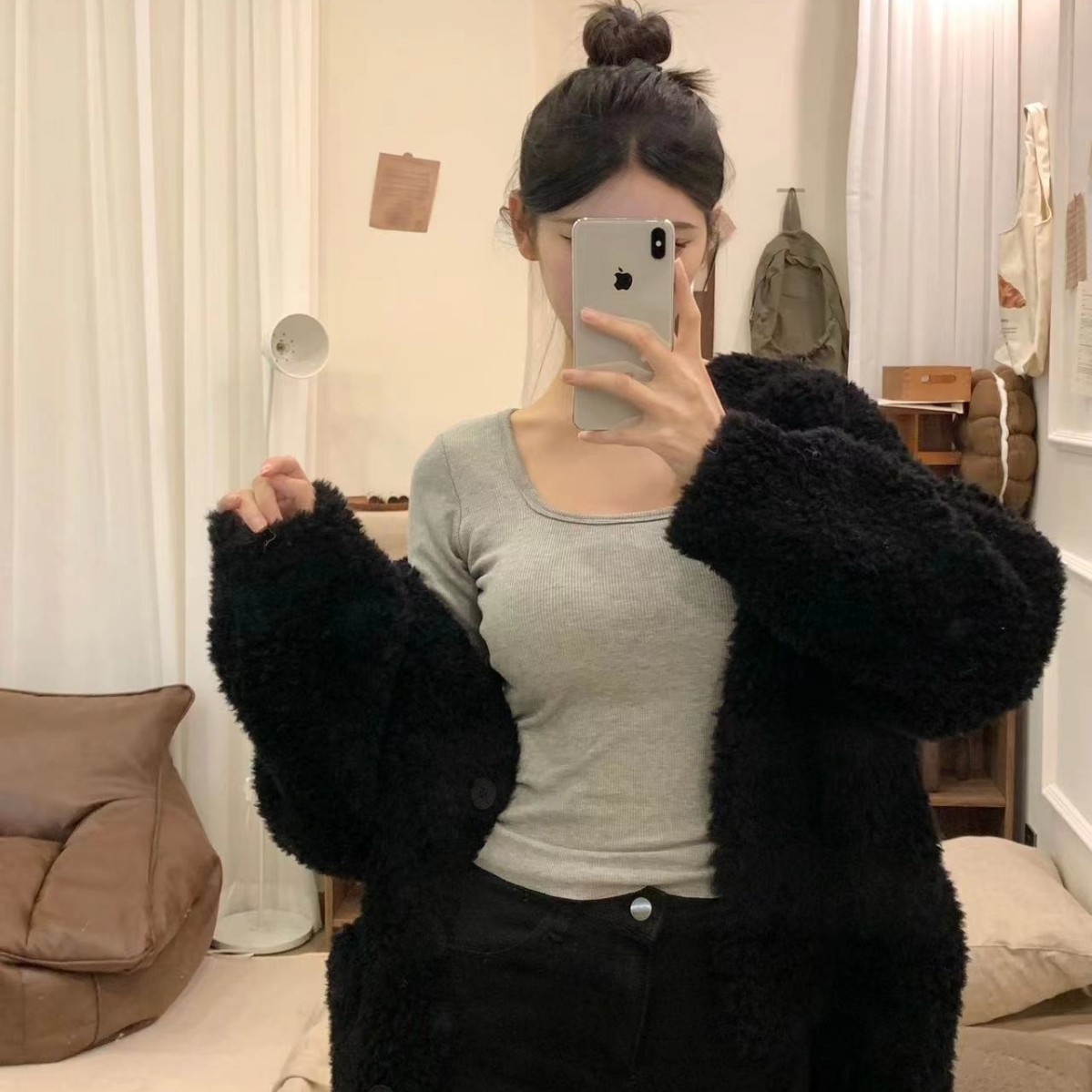 Invierno cepillado cálido cuello cuadrado de manga larga de las mujeres de una sola pieza interior y exterior de desgaste de color sólido camisa de fondo con forro polar con almohadilla en el pecho