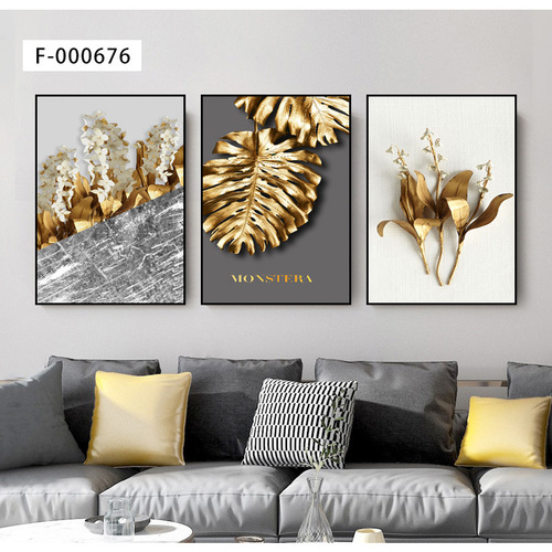 Nordic style living room triptych sofa background wall hanging painting plant leaves light luxury mural modern entrance decorative painting
