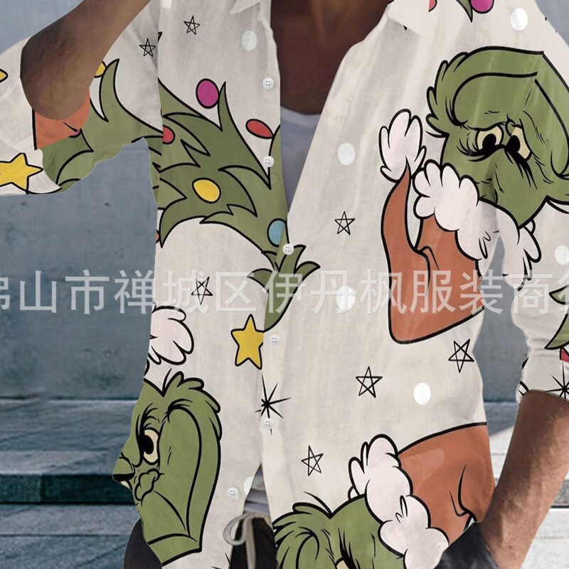 Stretch Bamboo Stretch Bamboo 25 Men's European and American Foreign Trade Grinch Christmas Long Sleeve Digital Printed Shirt Casual Stretch Bamboo Stretch Bamboo 25 Men's European and American Foreign Trade Grinch Christmas Long Sleeve Digital Printed Shirt Casual