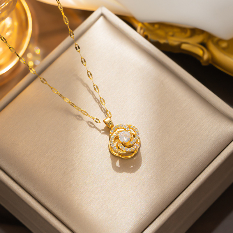 Women's Network Red Camellia Spinning Zircon Flower Small And Luxury New Design Sense Pendant Temperament Titanium Steel_voghion.com