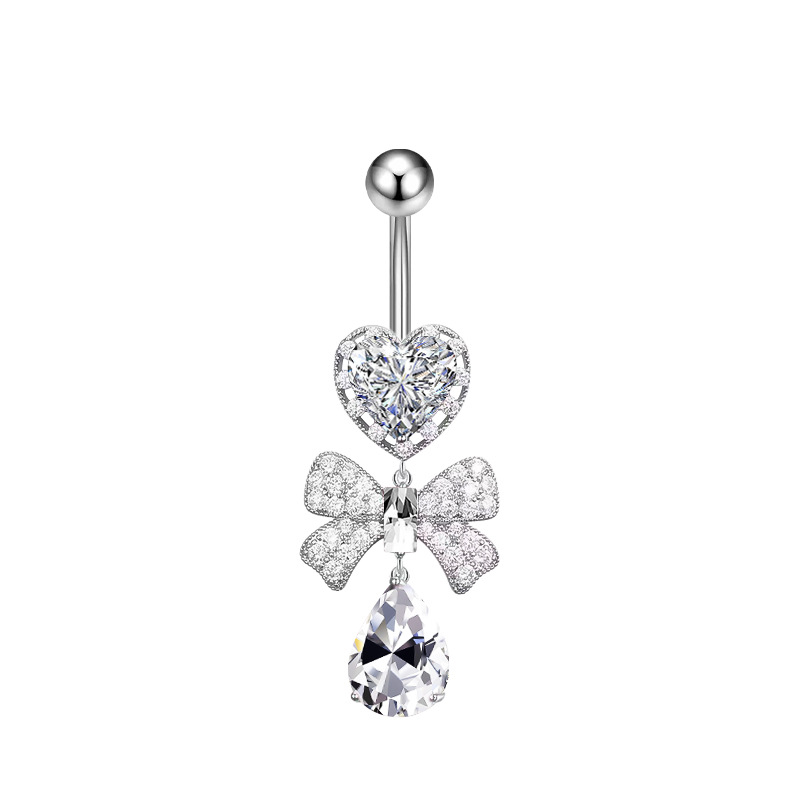 Nouveau piercing nombril sexy en acier inoxydable avec nœud papillon et zircon en forme de cœur_voghion.com