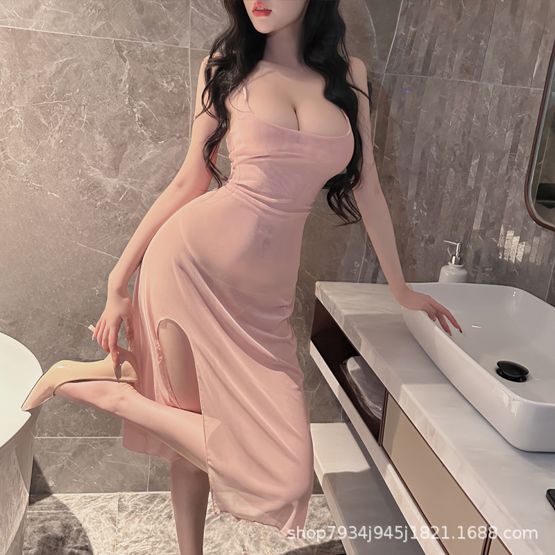 섹시한 속옷 메쉬 슬릿 서스펜더 스커트 섹시한 잠옷 여성 순수한 욕망 시스루 슬림 롱 스커트 홈 드레스