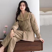 冬季高颜值女士睡衣羽绒夹棉三层加绒加厚长袖开衫保暖家居服套装