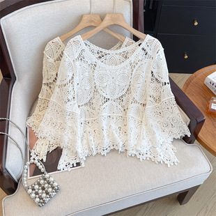 Actual Shot of Spring and Summer New Large Size Hollow Bell Sleeve Tops Long-Sleeved Bottoming Lace Shirts Versatile Hook Pattern Shirts for Women