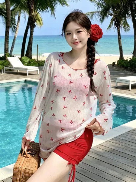Women's polyester three-piece swimsuit with cover-up, long-sleeved, plus-size, tummy-concealing, slimming bikini set for hot springs