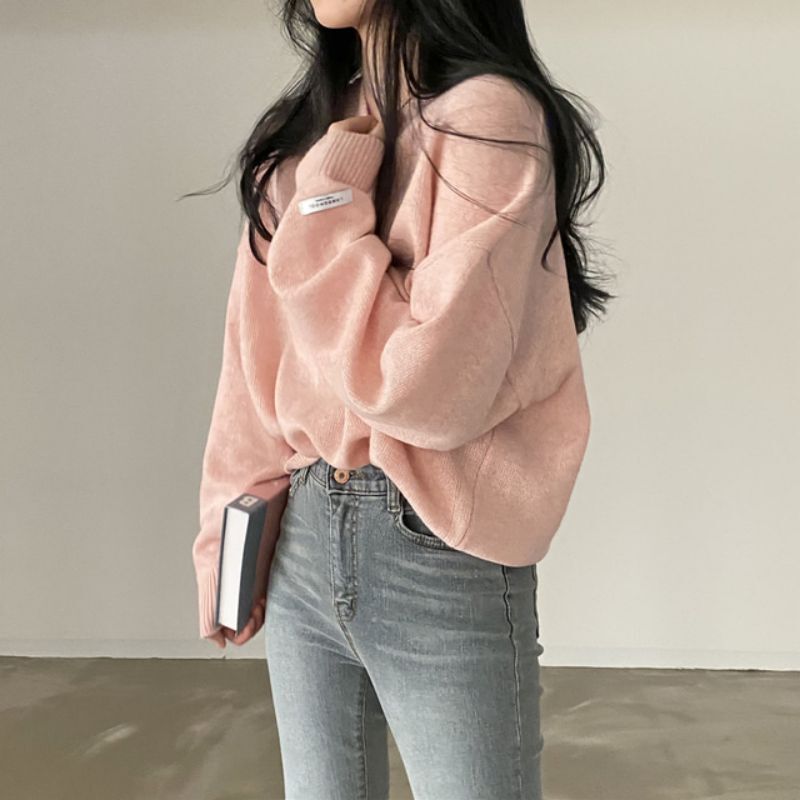 现货 韩国秋冬宽松慵懒大版型毛衣圆领套头中长款保暖上衣女|undefined
