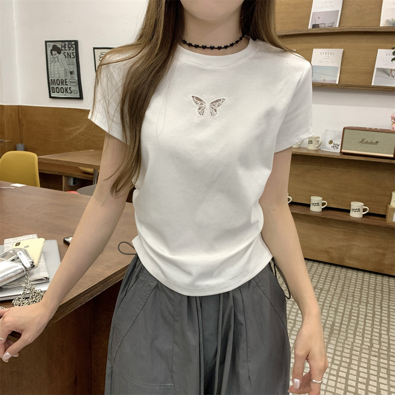 2025年夏 美しい中空蝶右肩バージョン 小柄な女性向け スリムで多用途なユニークでシックなプリーツトップス|undefined