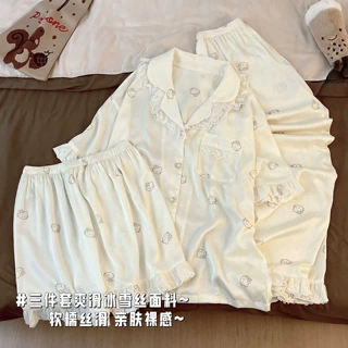 三件套睡衣夏季女款冰丝绸短袖长裤2026新款可爱KT小猫少女家居服