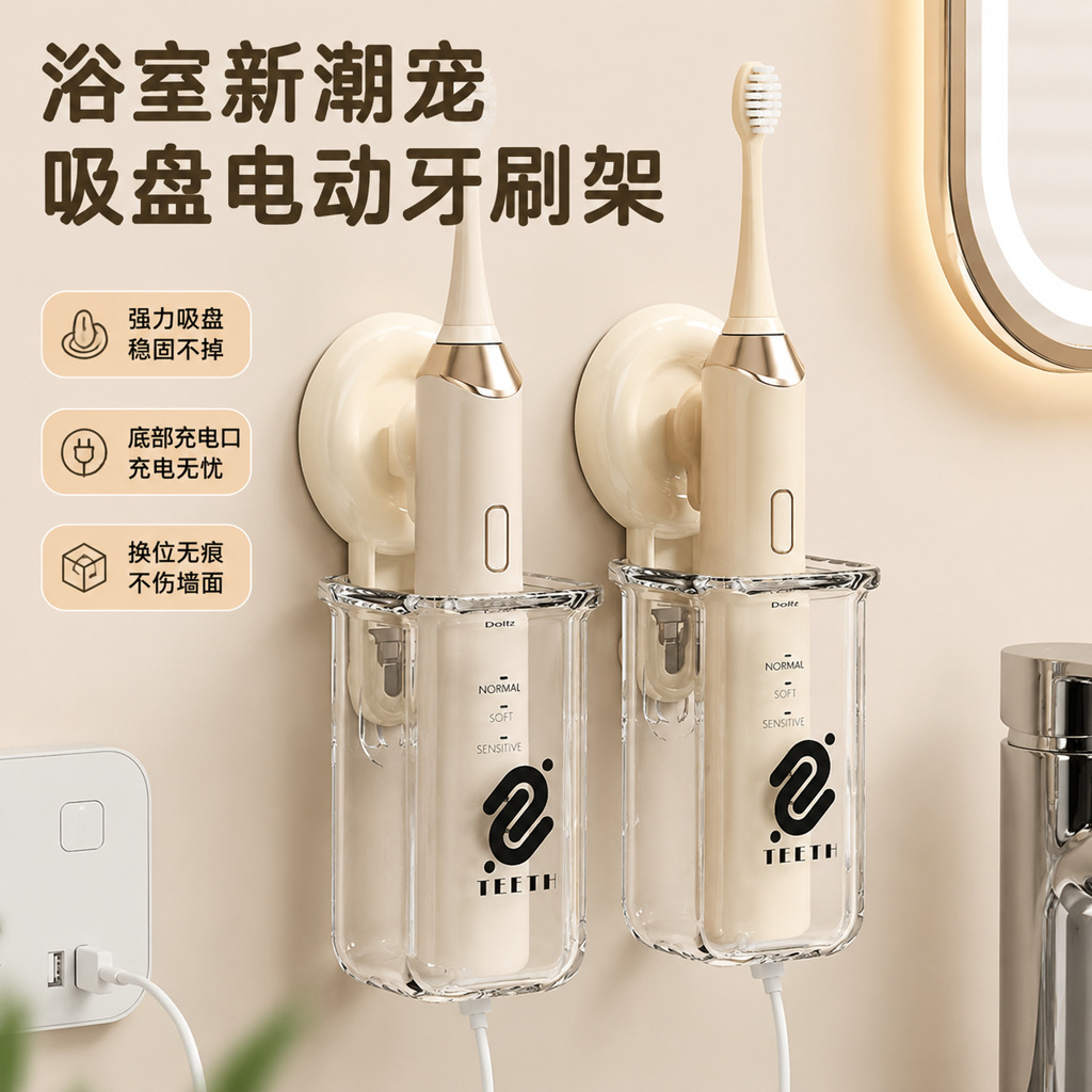 Suction Cup Electric Toothbrush Holder Wall-Mounted No-Drill Bathroom Toothbrush Storage Bathroom Wall Toothbrush Rack