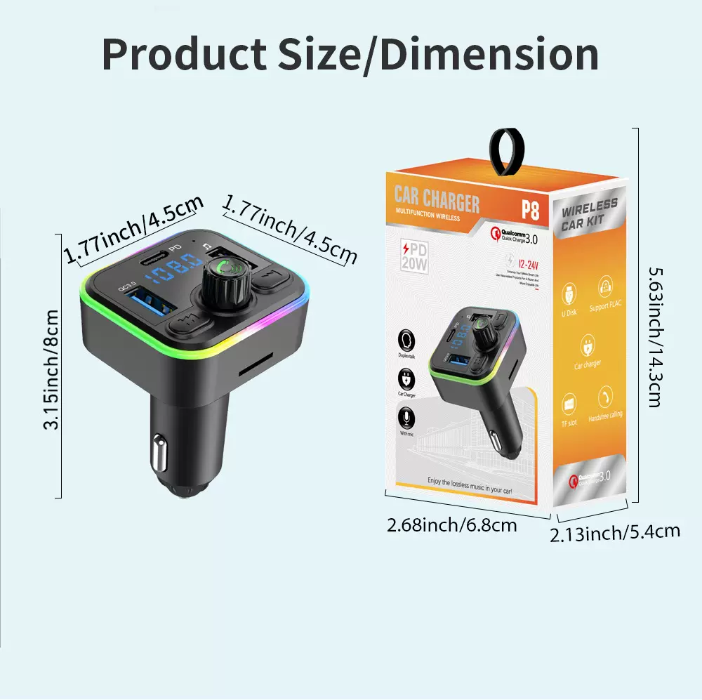 新品P8车载蓝牙播放器充电器FM发射数显多功能汽货通用播放MP3u盘