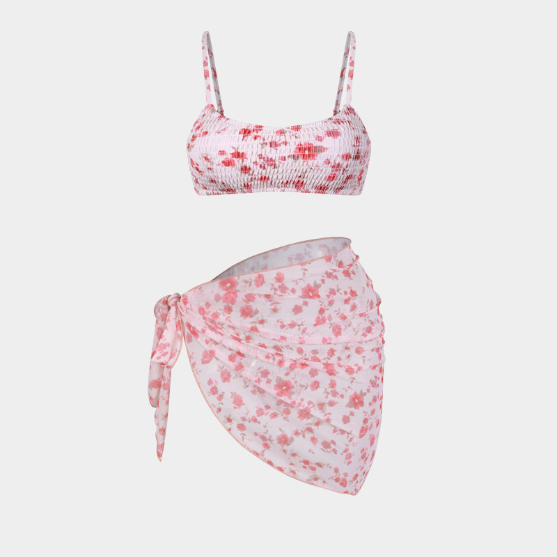 Women's Split Bikini Three-piece Swimsuit Floral Beach Wrap Set_voghion.com