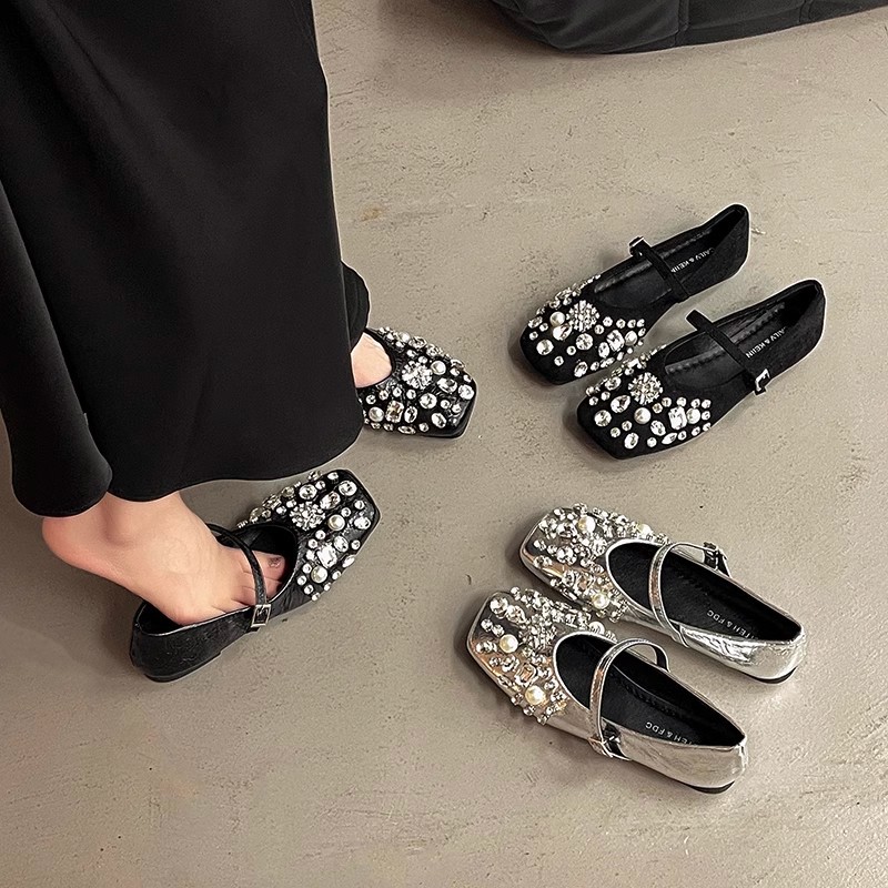 Fashionable Fairy Style Silver Rhinestone Mary Jane Shoes for Women Spring and Summer New Versatile Casual Flat Shoes with Skirt