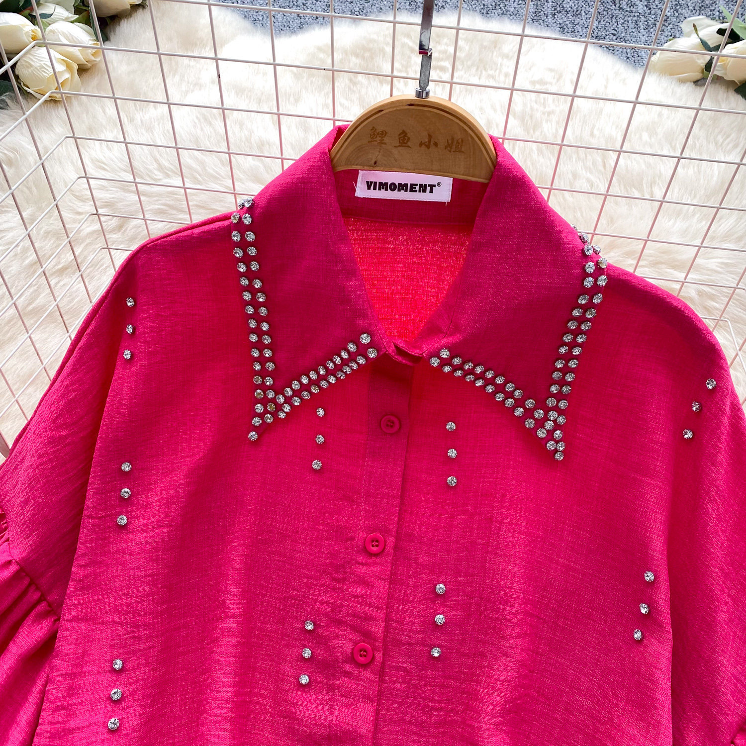 Women's French Style Rhinestone Blouse Summer Lantern Sleeve Cardigan Beaded Collar Loose Fit Versatile High End Top Heavy Duty_ecoleips.com
