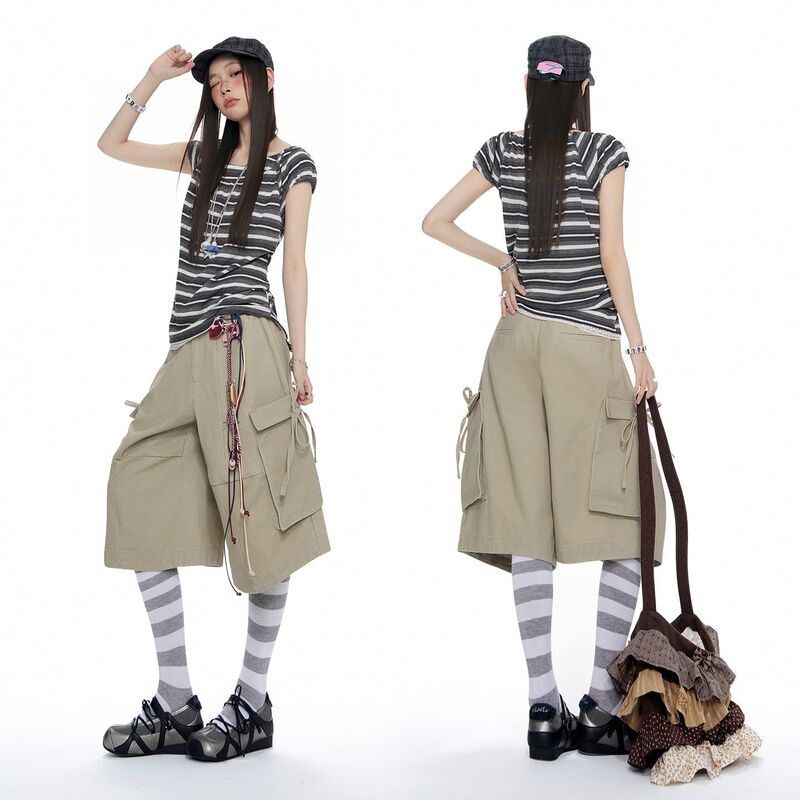 2026 Summer New American-Style All-Cotton Multi-Pocket Workwear Cropped Pants for Women, Loose Wide-Leg Casual Shorts Pants