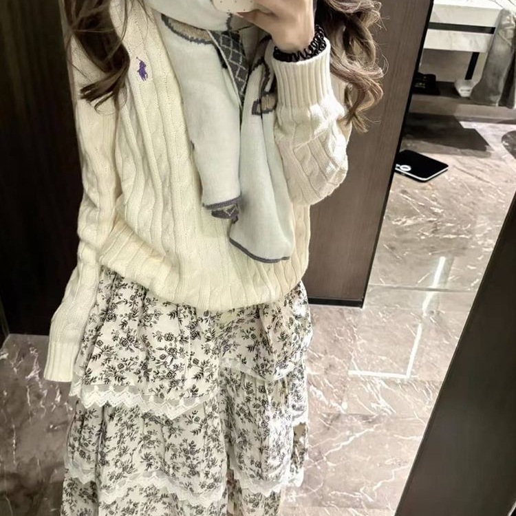 新品秋冬韩系学院风复古蕾丝拼接碎花半身裙女软糯套头毛衣两件套