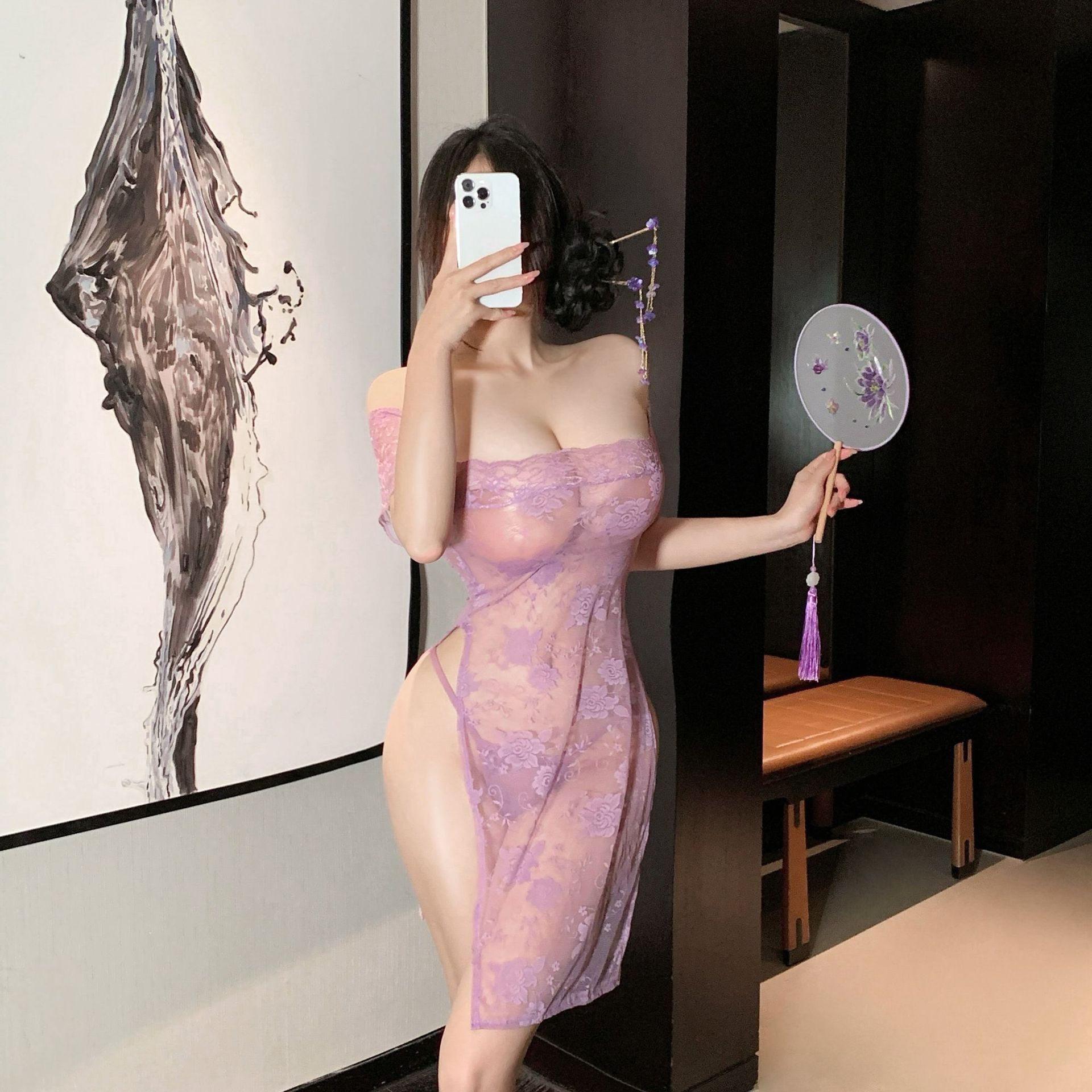 섹시한 속옷 섹시한 새로운 섹시한 레이스 롱 스커트 유니폼 보라색 드레스 순수한 욕망 잠옷 세트 qqny 하이 엔드 센스