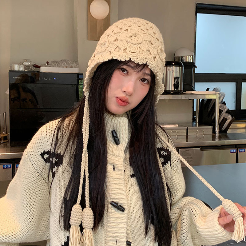 新款秋冬钩花包头帽子女麦穗流苏针织帽时尚文艺套头帽潮流毛线帽|undefined