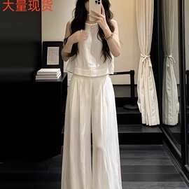 巨好看漂亮白色无袖上衣阔腿裤两件套装女2026新款小个子夏季穿搭