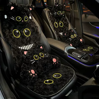 Cushion Winter Plush Car Lumbar | Headrest - winter-plushblack-cat-car-seat-cushion-headrest-lumbar-support-8-piece-set