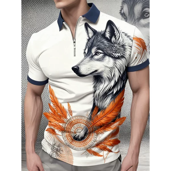 Shopee Hot Sale 3D Fashion Print Men's Polo Shirt Animal Pattern Zipper Short Sleeve Polo Shirt Ice Silk Quick-Dry