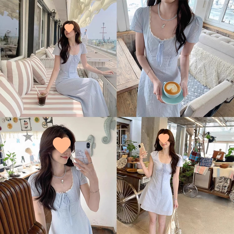 Fashionable Casual Dress, Korean-Style High-Intelligence Lace Patchwork Faux Two-Piece Elegant Waist-Cinching Dress