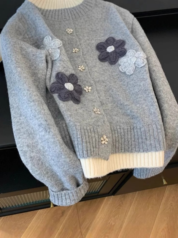 韓国風刺繍花ルーズセーターレディースジャケット2025秋冬新スタイルレイジースタイルヘビーニットカーディガントップ|undefined