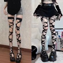 长筒潮流不规则哥特朋克勒肉辣妹亚文化黑色破洞丝袜打底连裤网袜