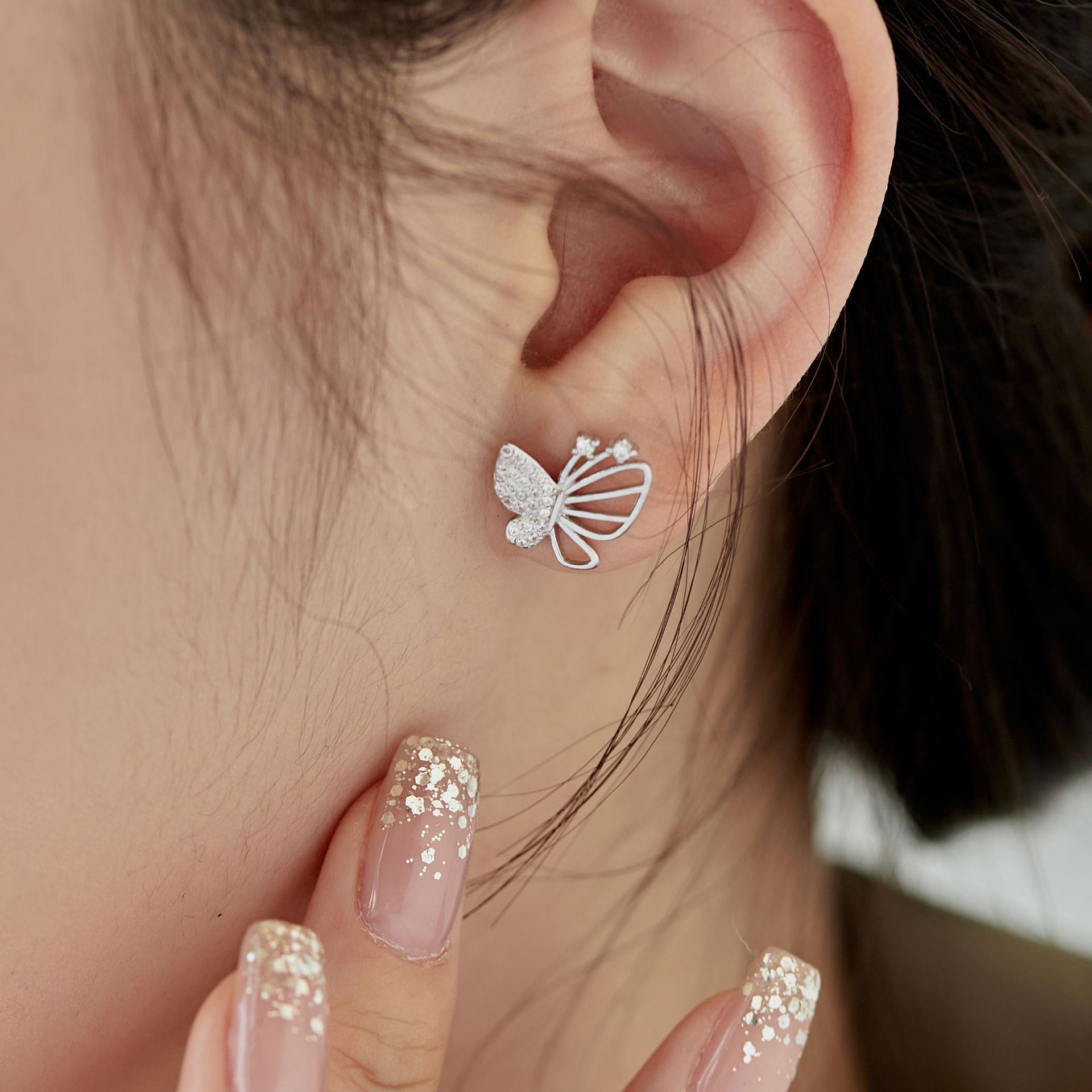 Sweet Butterfly Sterling Silver Plating Zircon Ear Studs 1 Pair