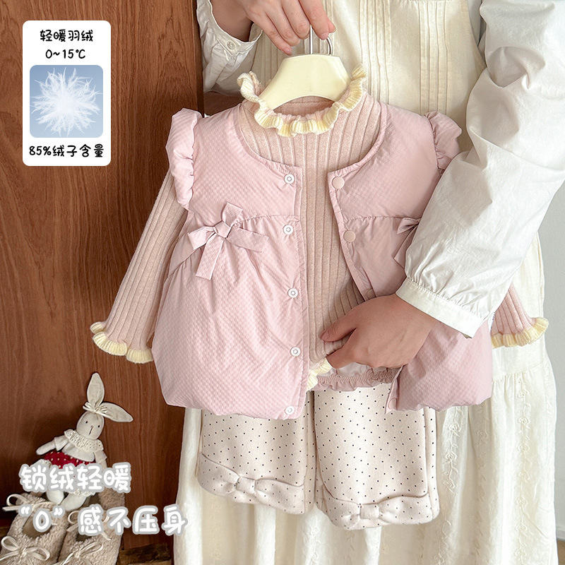 Girls' White Duck down Vest Autumn and Winter New Baby Girl's Bow down Vest Category a Infant Sleeveless Jacket