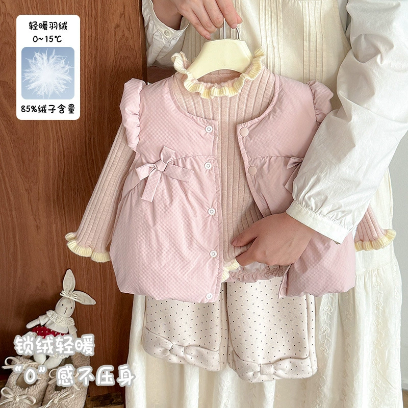 Белый жилет на утином пуху для девочек, осенне-зимний новый жилет с бантом для маленьких девочек, категория А, детская куртка без рукавов