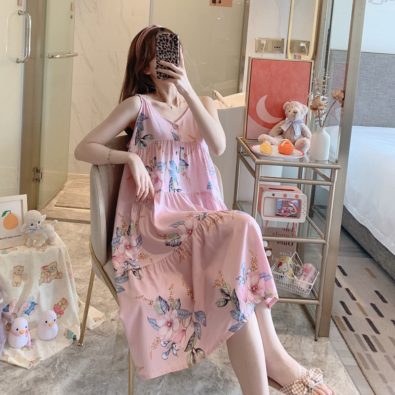 New Style Rayon Nightdress Women's Sexy Sling Long Dress Faux Cotton Printed Loose Sweet Pregnant Women Wearing Home New Style Rayon Nightdress Women's Sexy Sling Long Dress Faux Cotton Printed Loose Sweet Pregnant Women Wearing Home