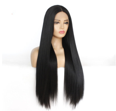 Moda al por mayor de fibra química europea y americana frente encaje medio negro largo recto peluca de comercio exterior LW0079
