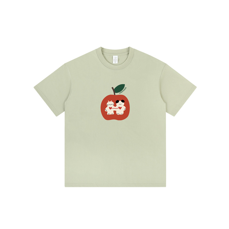 Apple cat and dog printed cotton heavy 230g short sleeve T-shirt men's and women's lovers college style bf students half sleeve