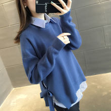 条纹衬衫很仙的毛衣春秋新款女装开叉系带毛针织衫韩版两件套