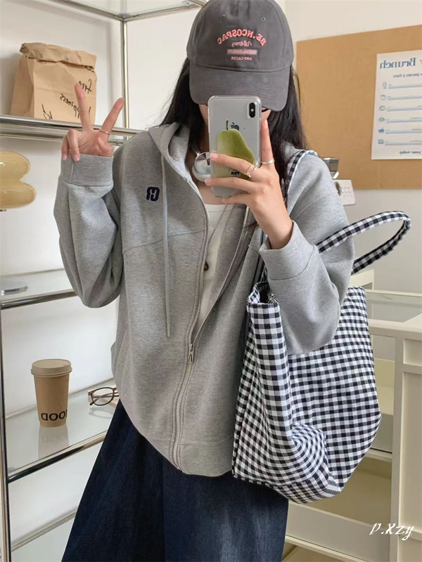 011 慵懒风连帽卫衣女秋季新款重工刺绣字母女式拉链开衫外套卫衣|undefined