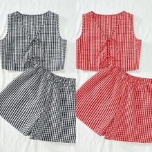 跨境新款格子系带休闲女装夏套装十三行辣妹女式衬衫