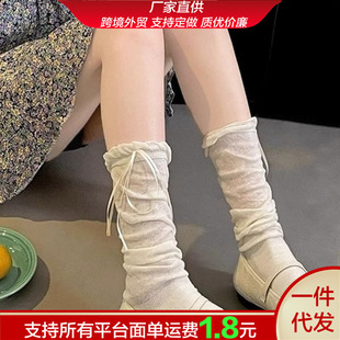 Summer Thin Sweet French Ballet Style Lace Mid-Calf Socks with Bowknot for Girls Paired with Mary Jane Leather Shoes and Slouch Socks