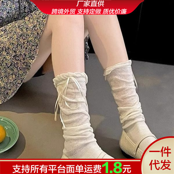 Summer Thin Sweet French Ballet-Style Lace Mid-Calf Socks for Girls with Bowknots, Paired with Mary Jane Leather Shoes and Slouch Socks