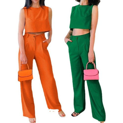 Summer Solid Color Crew-Neck Sleeveless Vest Top & Pants: Fashionable Two-Piece European and American Style Women's Outfit