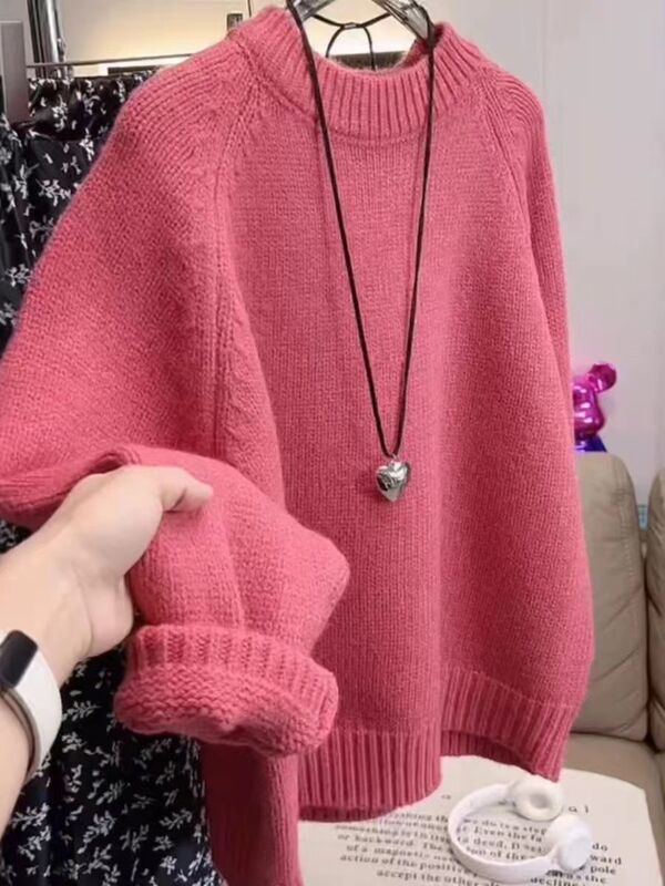 Raspberry Pink Pullover Sweater for Women Autumn and Winter Lazy Thickened Solid Color Round Neck Sweater