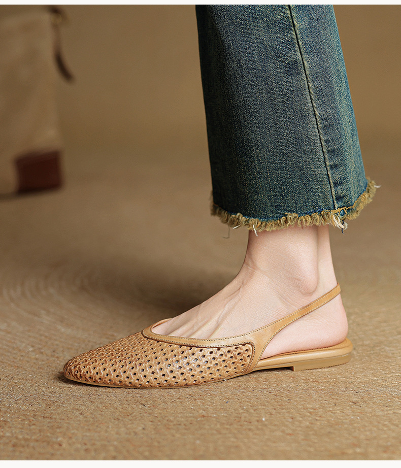 Sandal nữ da bò mũi kín quai sau đế bệt phong cách Hàn Quốc — đen chi tiết 8