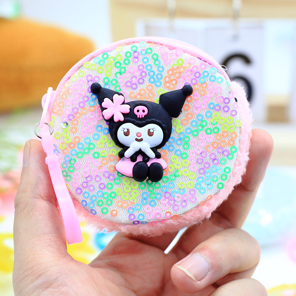 炫彩亮片毛绒零钱包迷你圆形可爱挂件儿童硬币收纳口红耳机钥匙包