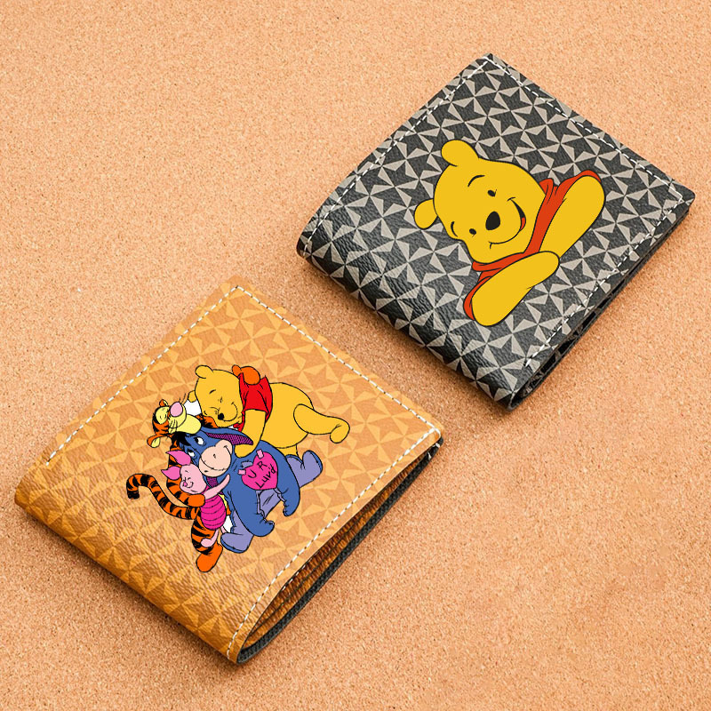 Cartoon Winnie the Pooh Wallet, Fashionable Anime Card Holder, Short Style, Plaid Pattern, Multiple Card Slots, Retro Wallet